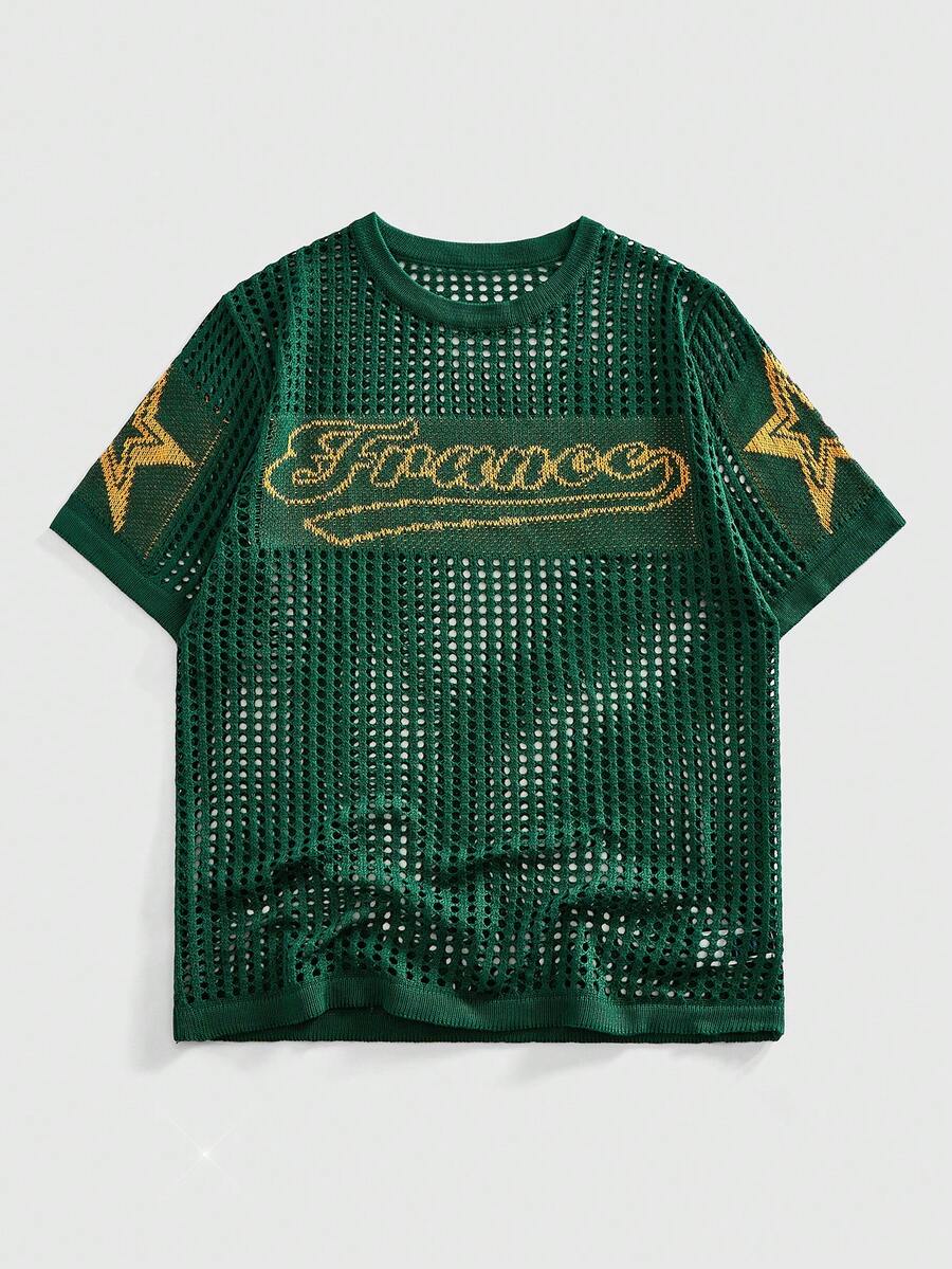 ROMWE MEN Street Life Áo nam mùa hè thời trang đường phố, họa tiết chữ cái và ngôi sao, chất liệu jacquard khoét rỗng, hơi xuyên thấu. - Màu xanh lá cây đậm - Xem 1