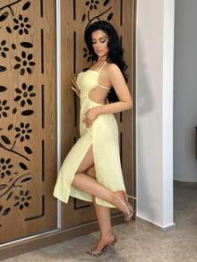 Vassilux Đầm dài vừa phải hở lưng, thắt nơ, khoét sâu, eo cao, hở lưng, không tay, thích hợp cho kỳ nghỉ, lễ hội âm nhạc, phong cách Bohemian, ngày lễ, trà chiều - Màu Mù tạt vàng - Xem 3