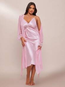 SHEIN BAE Set de 2 piezas de bata y camisón de pijama con parches de encaje de lujo, talla grande - Rosa - Ver 6