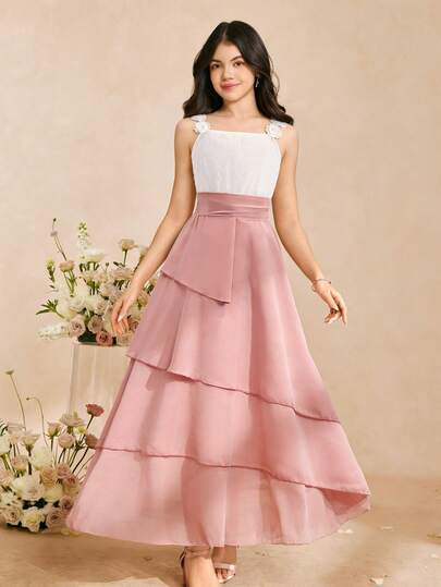 Tween Girls' Elegant Pink Sleeveless Lace Chiffon Fitted Dress, Suitable For Evening Party, Christmas, Halloween, Wedding, Flower Girl, Prom, Graduation, Back To School And Other Occasions