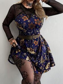 SHEIN CURVE+ 大码女装新款圆领复古休闲学院风暗黑朋克风印花拼接网纱星形缎带装饰A字长袖连衣裙，适合日常穿着、办公室、感恩节、新年派对、节日、生日派对、音乐节、情人节、春夏等场合。 - 藏蓝色 - 查看 8