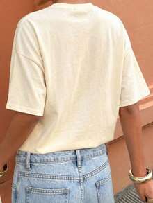SHEIN LUNE 1pc Women's Gold Starfish Print Loose Round Neck T-Shirt White Summer Casual Sexy Graphic Vacation Holiday Beach Golf Outdoor Wear Spring Starfish Tee - Apricot - View 2