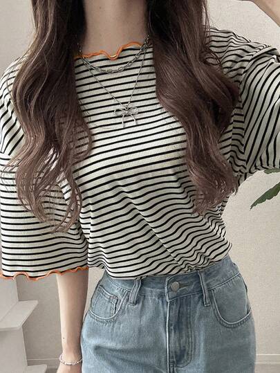 FRIFUL 女士波浪条纹宽松撞色滚边短袖T恤，夏季休闲装