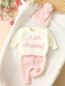 SHEIN 3Pcs Set Baby Hospital Arrival Announcement Outfit 1-3 Month Baby Knitted Tops And Pants With Hat Newborn Photo Shoot Props Neutral Baby Coming Home Outfit - Baby Pink - View 7