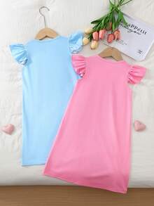 Light Pink,Summer,Fairy,Family Matching Toddler Girls' Cartoon Rabbit Pattern Ruffled Sleeve Crew Neck Dress Set Of 2,Sweet Girly Resort Style Outfit - Multicolor - View 2