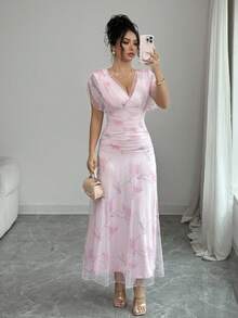 Elenzga 女士浅粉色网纱印花牡丹花卉长裙，带衬里，适合20-35岁以上女性出席正式晚宴、婚礼、情人节约会（随机花卉图案） - 粉色 - 查看 1