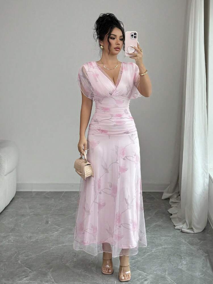 Elenzga Women's Light Pink Mesh Printed Peony Floral Long Dress With Lining, Suitable For 20-35+ Women For Formal Evening Party, Wedding, Valentine's Date (Random Floral Print) - Pink - View 1