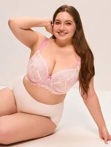 LUVLETTE Plus Full Coverage Breathable Unlined Lace Elegance & Mesh Keyhole Detail Lingerie Curve Pink Sheer Minimizer Bridal Intimates Bra - Pink - View 7
