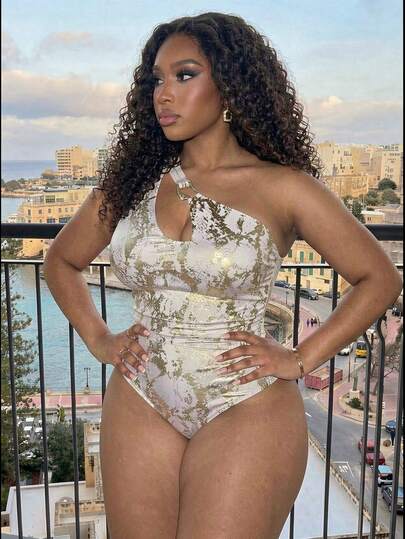 Slaydiva Plus Size Women's Foil Snake Skin Strapless One-Piece Swimsuit, Suitable For Beach Vacation, Spring/Summer