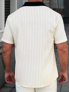 EGENSIO Men's Casual Beige Letter Print Striped Short Sleeve Shirt - Apricot - View 2