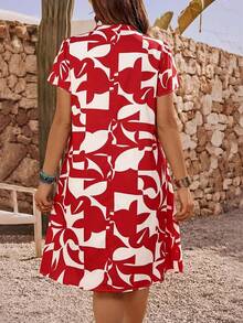 EMERY ROSE 大码女式夏季休闲几何印花短袖连衣裙 - 酒紅色 - 查看 2