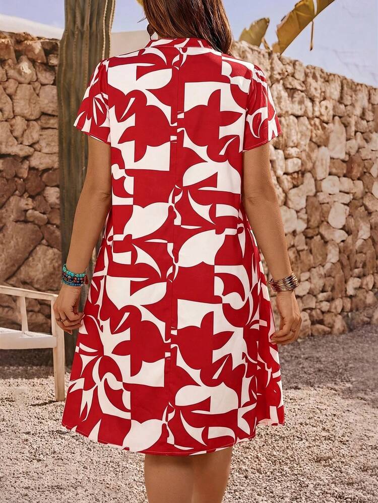 Plus Size Women's Summer Casual Vacation Country Red Geometric Print Short Sleeve Dress,Summer\Vacation,Summer Holiday,Spring Break Outfits ,Vacation Outfits Women ,Holiday Outfits For Women,Going Out Outfits,2026 New Clothes,Simple And Fashionable For Everyday Wear,Suitable For Summer, Vacation, Daily Wear,Suitable For Summer, Vacation, Daily Wear,Dresses For Women,Flowy Dress ,Beach Outfits For Women,Casual Vacation Boho Dress