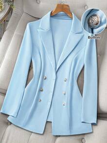 GlowEve CURVE Blazer casual de doble botonadura con cuello de solapa de unicolor para mujer de talla grande - Celeste - Ver 1