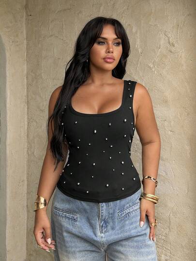 Rustia Casual Elegant Minimalist French Style Pearl Embellished Square Neck Sleeveless Fitted Camisole Top, Black, Plus Size