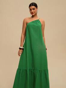 Travachic Plus Size Women Solid Color Sleeveless Ruffle Hem Dress For Vacation Beach Vacation Light Green Summer - Green - View 4