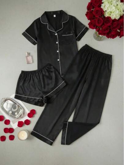 Set 3 piezas Conjunto de pijama de manga corta con cuello y estampado de corazones en rosa suave y negro, de estilo minimalista para mujer