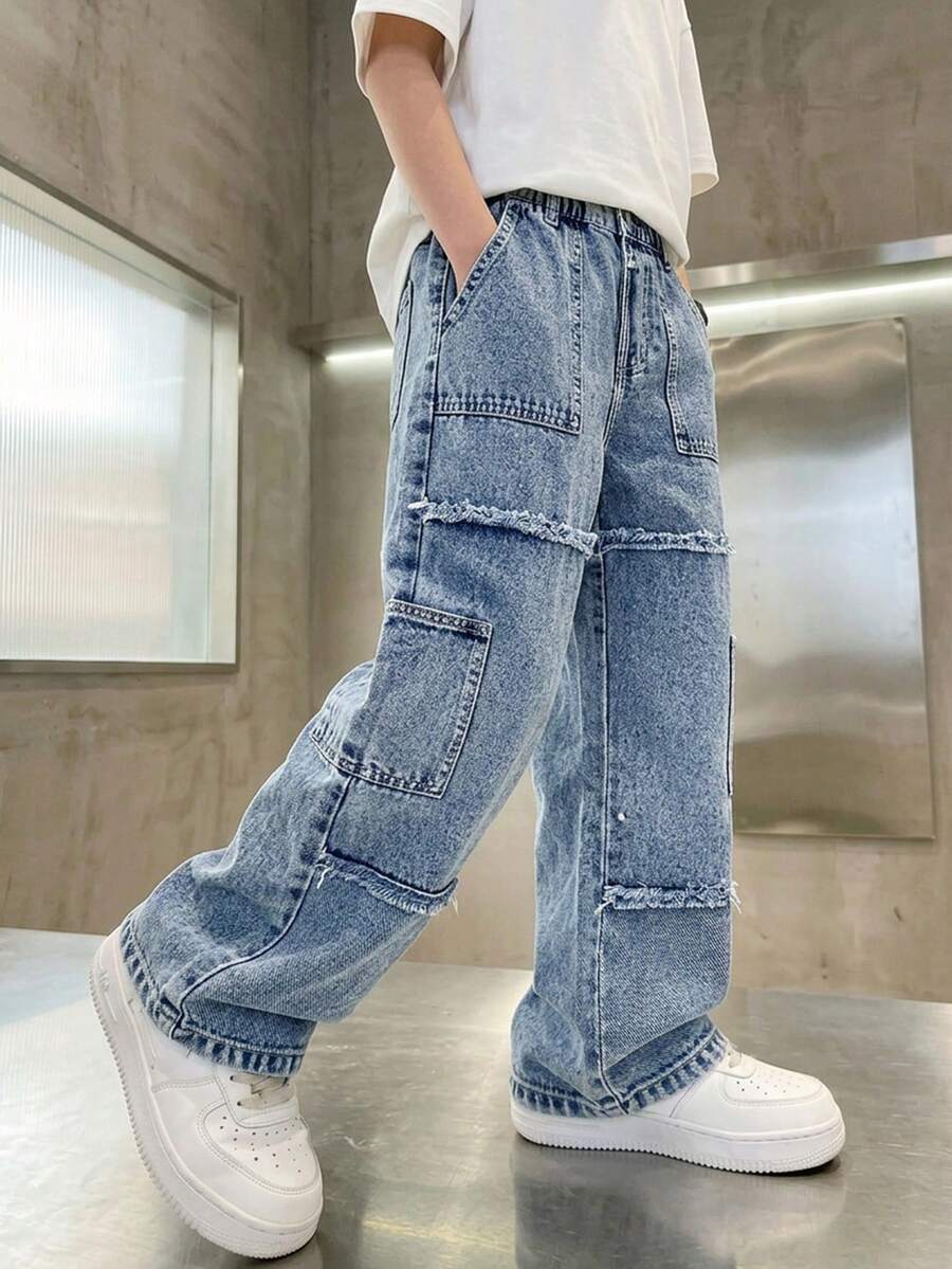 Quần jeans ống đứng denim mài bạc màu, kiểu dáng thường ngày, thời trang dành cho bé trai tuổi teen, thiết kế tua rua. - Màu xanh lam - Xem 1