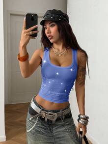 StreetHx Women's Rhinestone Ruched Fitted Casual Everyday Top - Blue - View 6
