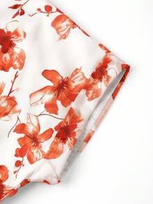 Ellevyn Red Floral Print Front Tie Cinched Waist Romantic Elegant Dress - Red - View 3