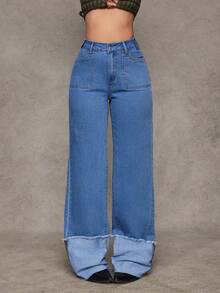 Slaydiva 女士休闲水洗直筒牛仔裤 - 淺色水洗藍 - 查看 1