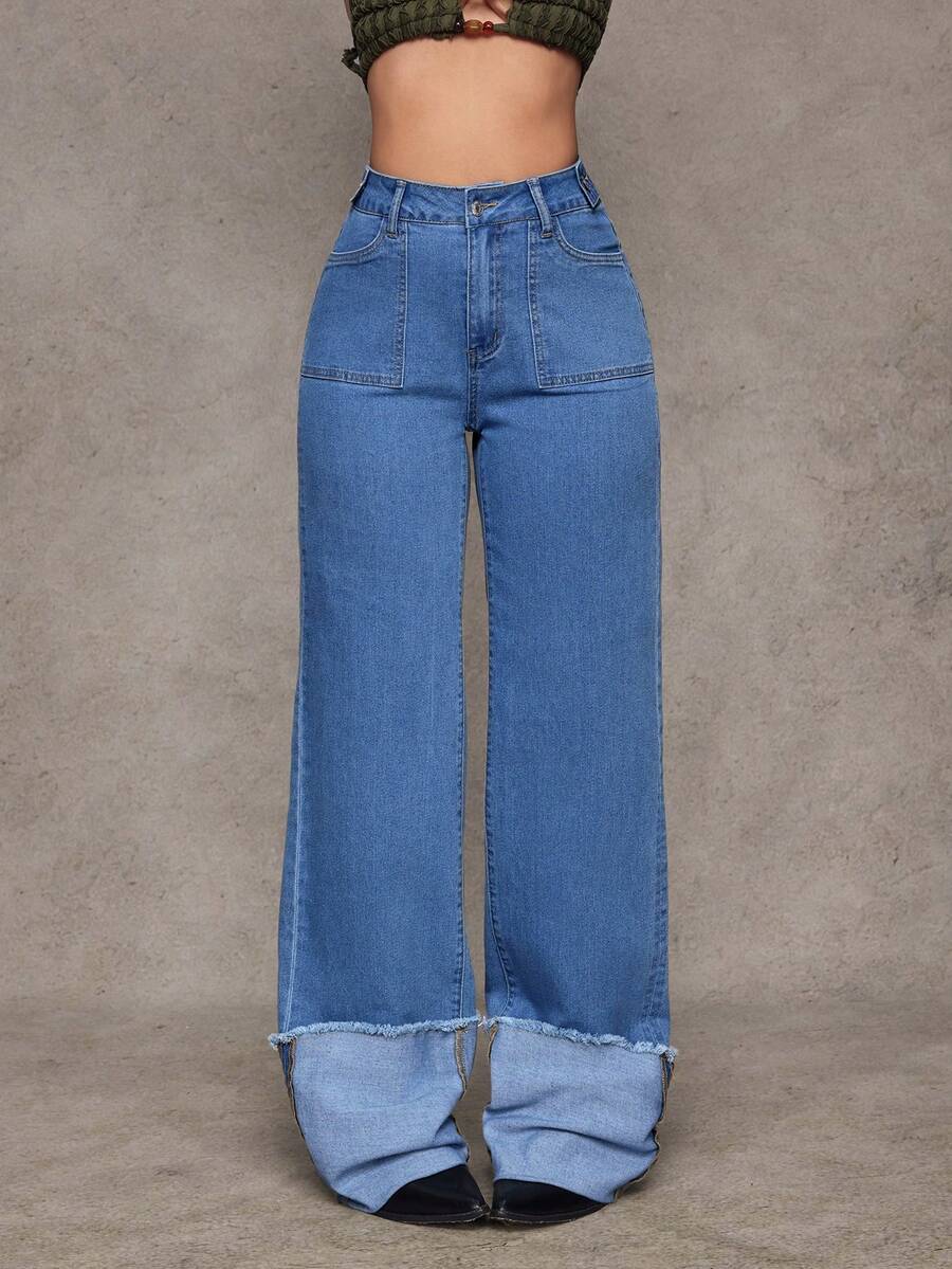 Slaydiva 女士休闲水洗直筒牛仔裤 - 淺色水洗藍 - 查看 1