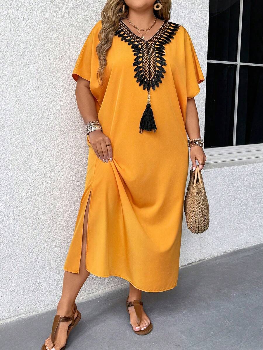 EMERY ROSE Đầm dài thường ngày rộng rãi họa tiết tua rua hoa cổ chữ V cho nữ - Màu vàng - Xem 1