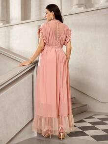 VOLUPTÉ CURVE 大码春夏雪纺连衣裙，高领荷叶袖，高腰珍珠系带拼接长裙，适合派对、度假、约会、生日、早午餐等场合。 - 粉色 - 查看 3