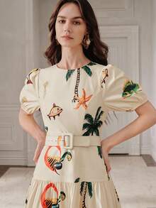 Anewsta 新款假日套装 圆领花瓣袖收腰海洋印花连衣裙（女款） - 杏色 - 查看 6