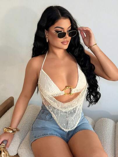 Dayanna Comas 女士夏季性感波西米亚海滩度假演唱会服装女士露背领带金属装饰钩针夏季上衣，女士夏季服装，女士性感俱乐部服装