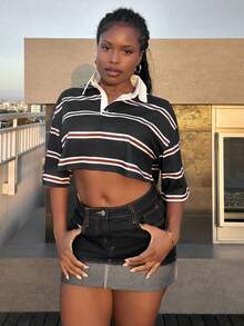 Tyla Gomez Women's Form-Fitting Striped Contrast Color Polo Neck T-Shirt, Spring/Autumn - Navy Blue - View 6
