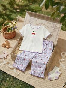 Souflis Souflis 2pcs Baby Girl Newborn 0-3Y Summer Cute Family Matching Cherry Embroidery Short Sleeve T-Shirt And Red And White Plaid Pants Set Summer Outfits - Multicolor - View 2