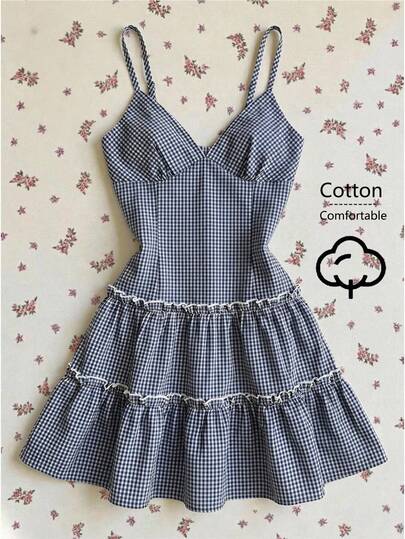 Elamini 女士格子V领收腰吊带连衣裙，夏季