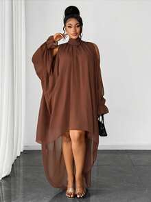 Gaun Maweii Plus Size Wanita Warna Polos Depan Pendek Belakang Panjang/ Sempurna Untuk Kencan, Jalan-jalan, Dan Lainnya, Manis dan Seksi untuk Musim Gugur - Coklat - View 6