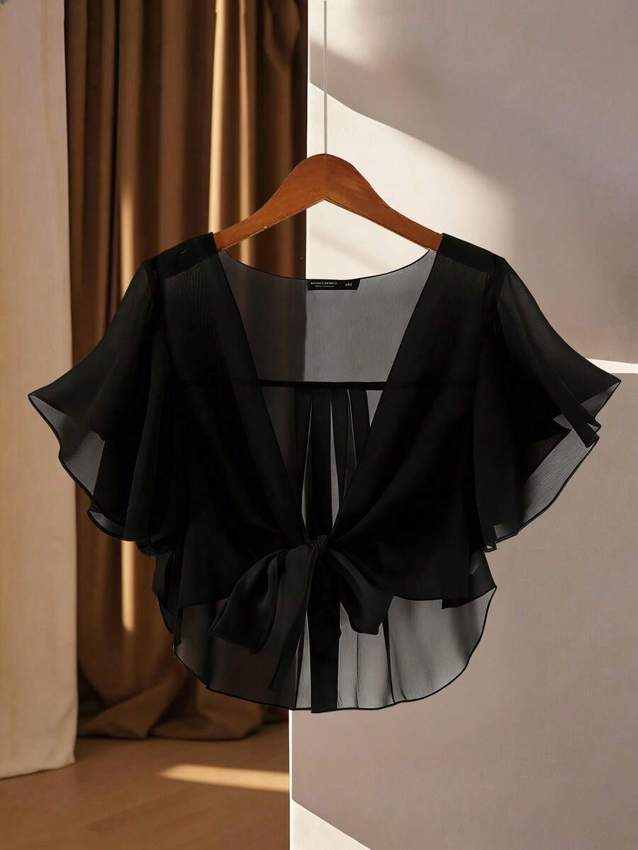 GlowEve CURVE 女士大码简约优雅新款百搭时尚薄雪纺衬衫，外出上衣，夏季度假女装 - 黑色 - 查看 1