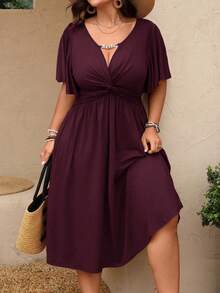 DreamSkyne Plus Size Women's Spring/Summer Chain Link Ruffle Twist Waist Textured Knit V-Neck A-Line Midi Dress - Burgundy - View 5
