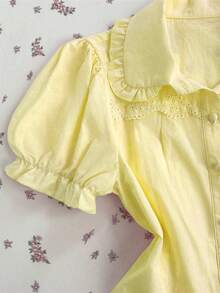 Elamini Women's Pink Peter Pan Collar Petal Sleeve Embroidered Floral Lace Patchwork Decorative Regular Blouse - Yellow - View 3