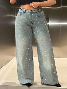 SHEIN Women Plus Size Rhinestone Embroidered Wide Leg Washed Detail Jeans - Grey - View 5