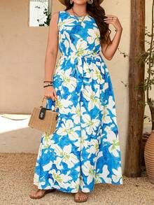 Breezaya Plus Size Women Floral Print Belted Jumpsuit,Blue And White Summer Boho Vacation Holiday Vacay Outfits,Hawaii Cruise Resort Wear Beach Outfits - Multicolor - View 4