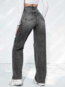 SHEIN ICON Quần jeans ống loe rách dáng casual dành cho nữ với túi xéo. - màu đen - Xem 2