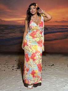 SHEIN EZwear Đầm lưới cỡ lớn in họa tiết hoa nhuộm tie-dye lãng mạn cho kỳ nghỉ xuân/hè. - Nhiều màu - Xem 3