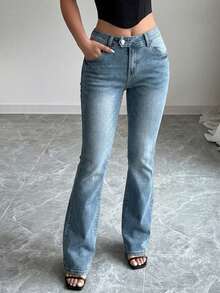 EURMUSE Casual Washed Low-Rise Flare Leg Jeans - Dusty Blue - View 5