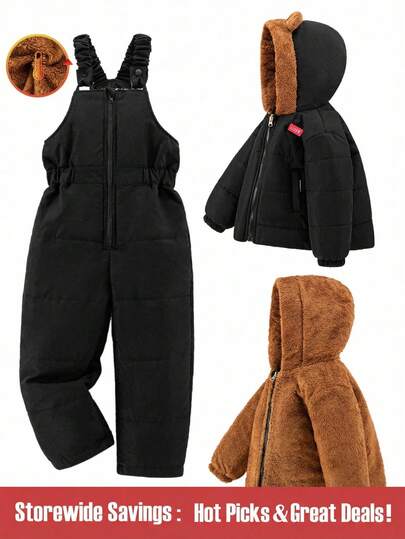 SHEIN 小男孩 2 件套加厚外套和连体衣，采用 3D 熊耳设计，双面夹克，时尚百搭，适合秋冬季休闲外出