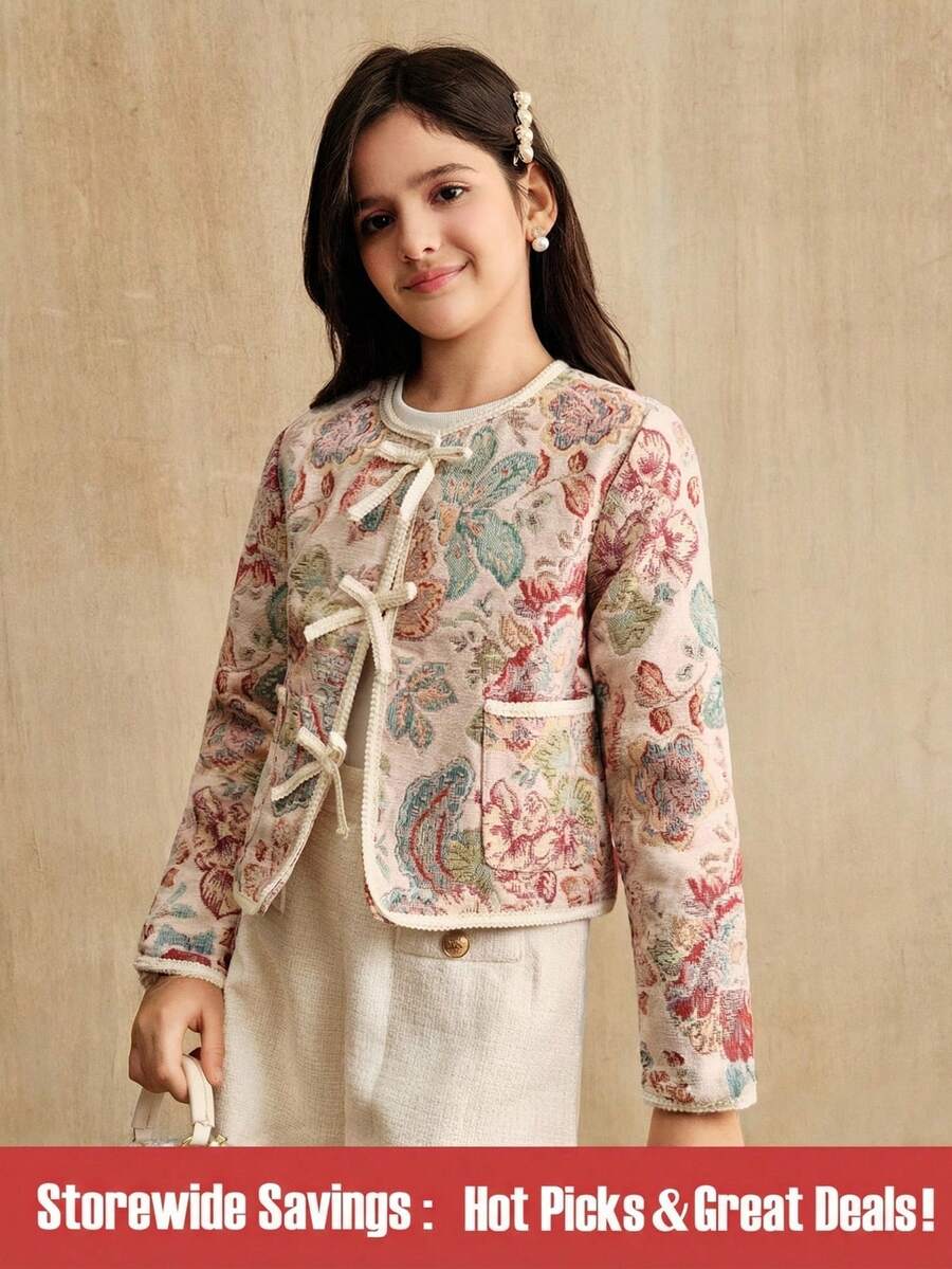 SHEIN Explorewe Girls' Retro Floral Print Short Jacket, Suitable For Outings And Gatherings