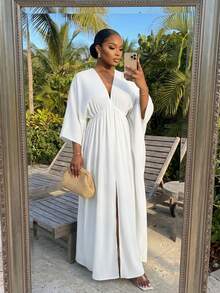 SHEIN CURVE+ Đầm size lớn màu trơn cổ V sâu xẻ đùi, đầm đi du lịch, lễ tốt nghiệp, phong cách thường ngày mùa xuân - trắng - Xem 4