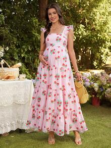 SHEIN Maternity Strawberry Print Ruffle Hem Cap Sleeve Dress - Pink - View 1