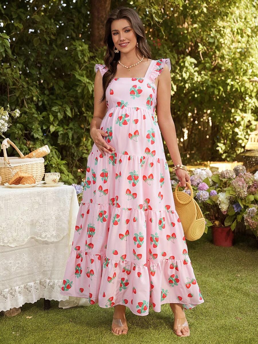 SHEIN Maternity Strawberry Print Ruffle Hem Cap Sleeve Dress - Pink - View 1