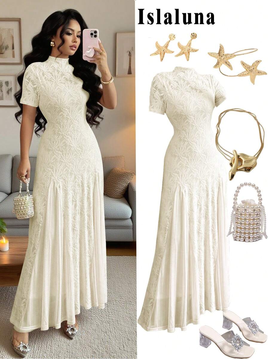 Rafferiza Chic Beige Long A-Line Dress For Women Featuring Stand Collar Puff Sleeves And Zipper Detail - Beige - View 1