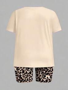 Slaydiva Plus Size Summer Casual Leopard Print Bow T-Shirt And Shorts 2 Piece Set - Apricot - View 3