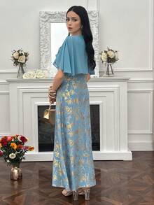 Modelyn Women's Elegant Summer Long Cape Dress,Royal Blue Floral Foil Print Pleated Gown,Wedding Guest Outfit,Zanea - Blue - View 2