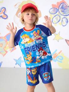 SHEIN | PAW Patrol Set de 2 piezas de camiseta de manga corta y pantalones cortos con estampado de dibujos animados para niños pequeños - Azul - Ver 2